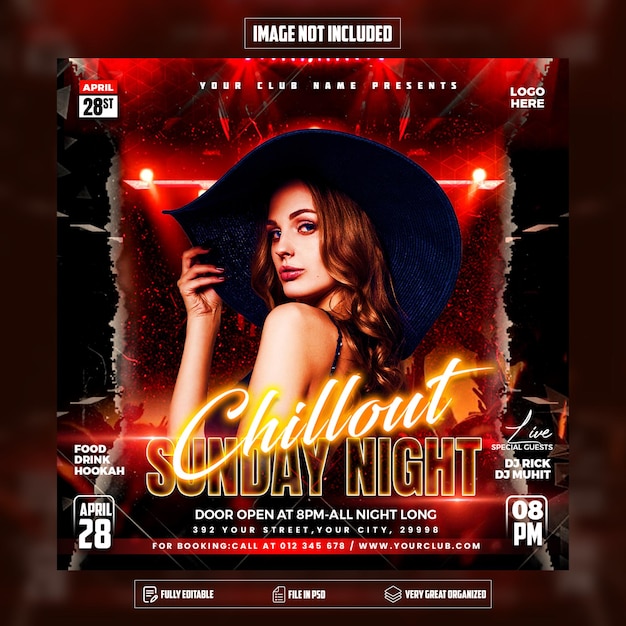 A poster for chillout sunday night with a woman in a hat.