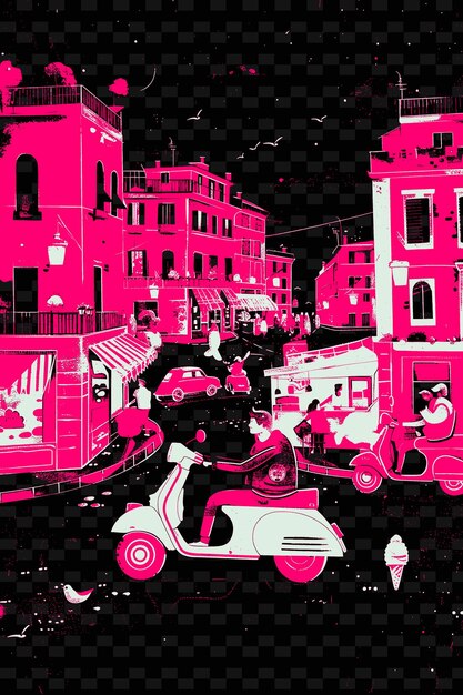 PSD a poster of a city with a pink and white scooter