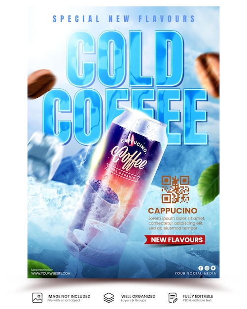 A poster for cold coffee with ice and a bottle of coffee shop promotion template