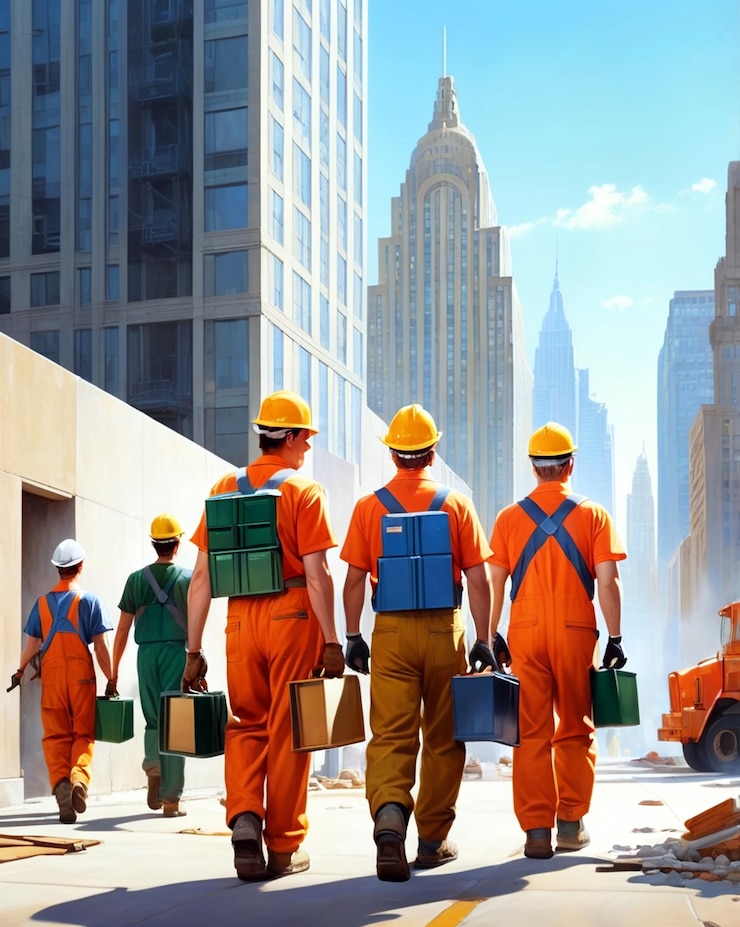 PSD a poster of construction workers carrying a blue bag