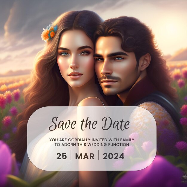 PSD a poster for a couple with flowers and a man and woman romantic couple sunset save the date march w