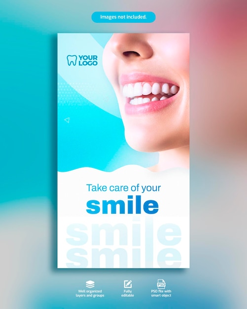 PSD un poster per una clinica dentale con una donna che sorride con bellissimi denti blu instagram story