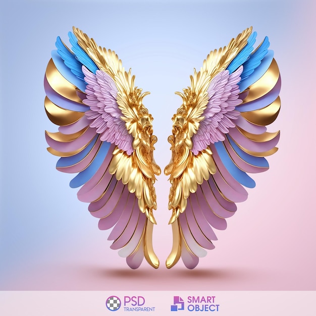 PSD a poster for a digital camera with gold wings and a pink and blue background.