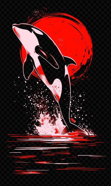 Un poster per un delfino con uno sfondo rosso