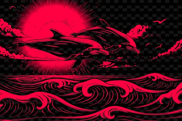 PSD a poster of dolphins riding a wave with the sun setting behind them