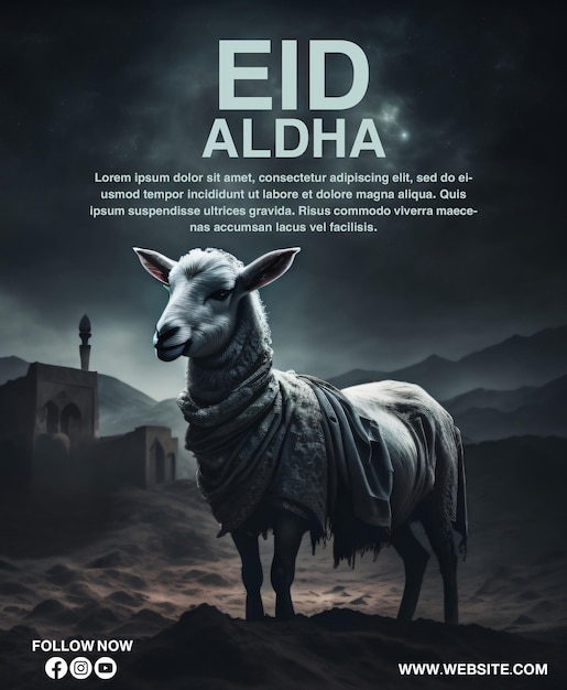 Un poster per eid alha con una pecora sullo sfondo.