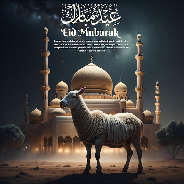 A poster for eid mubarak with a sheep in front of a mosque.