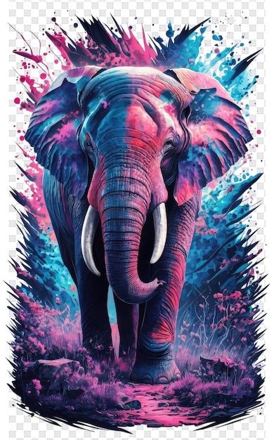 Un poster di un elefante con uno sfondo rosso e blu