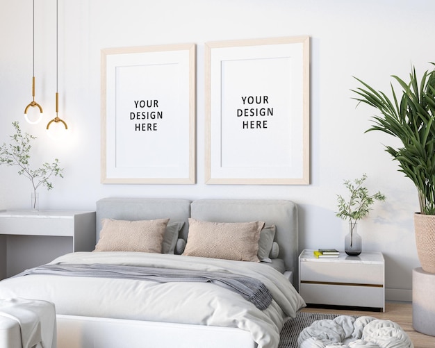 PSD poster on empty white wall bed room