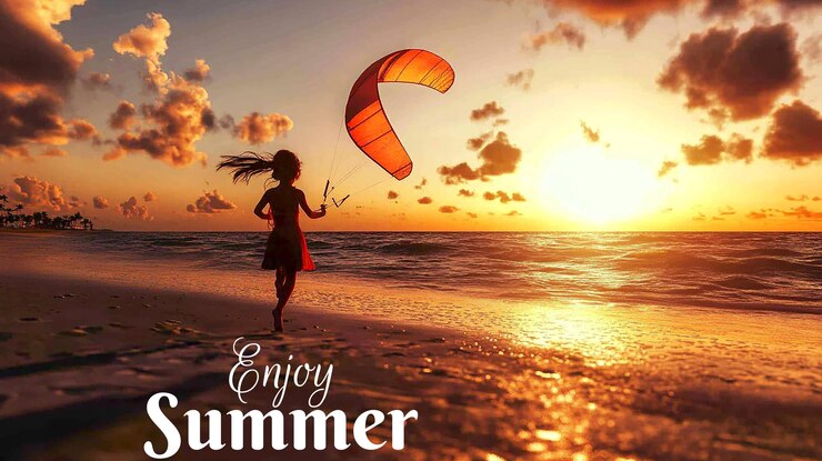 PSD a poster for enjoy summer on the beach with a girl flying a kite