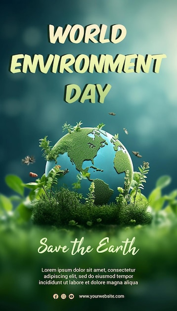 A poster for an environment day with a globe in the grass