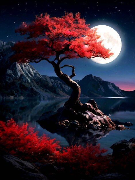 Il poster della bellezza eterea di un paesaggio mistico sotto la luce rossa della luna la scena era supposta