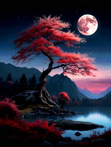 Poster of the ethereal beauty of a mystical landscape under the red moonlight the scene was suppose