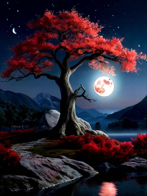 Poster of the ethereal beauty of a mystical landscape under the red moonlight the scene was suppose