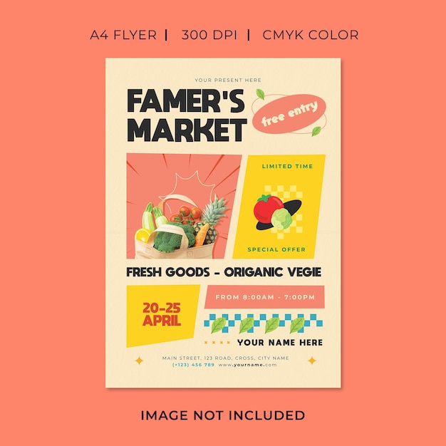 A poster for a farmer's market with fruits and vegetables.