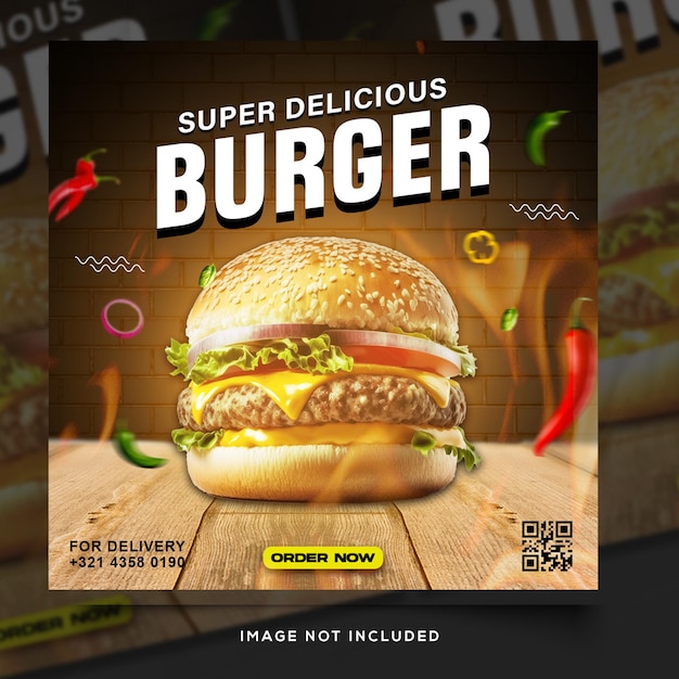 Плакат ресторана быстрого питания с надписью «Супер вкусный бургер».