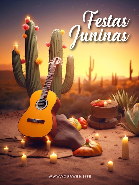 Un poster per una festa junina con una chitarra in primo piano