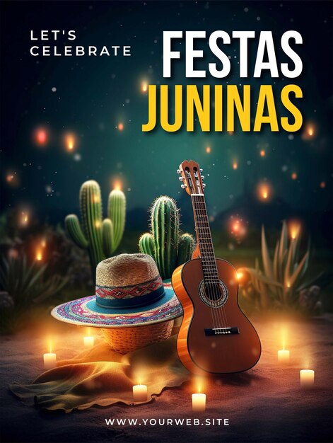 PSD a poster for festa junina with a guitar and a hat on it