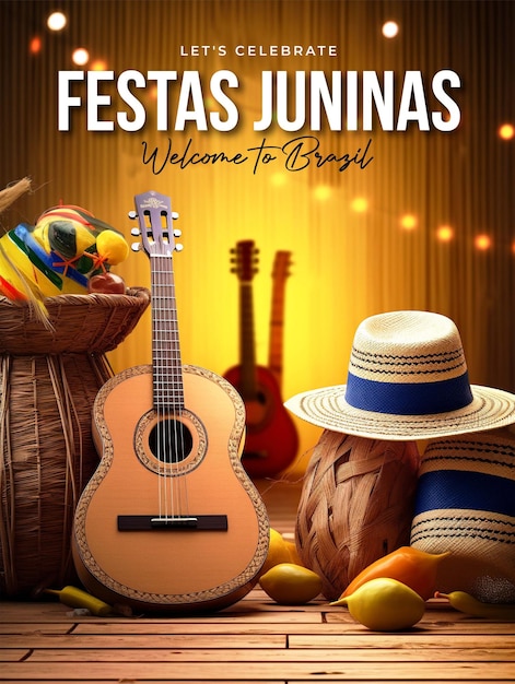 PSD a poster for festa junina with a guitar and other items