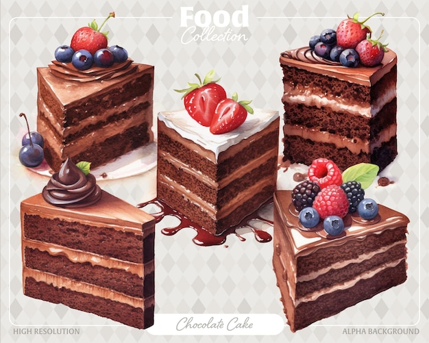 ケーキが 3 個入ったフード コレクションのポスター。