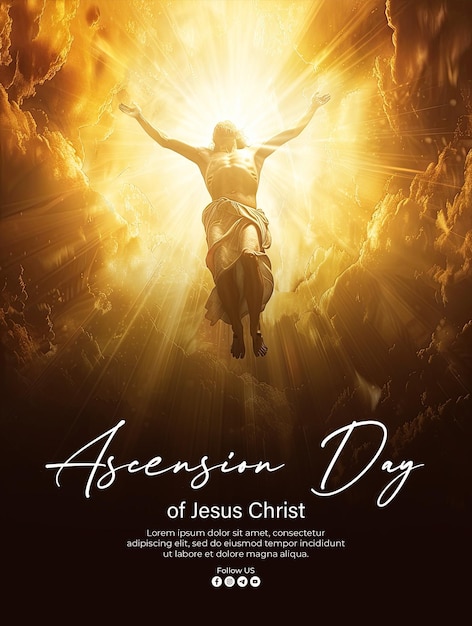 PSD poster for the ascension day of jesus christ with the background of jesus ascending into the sky