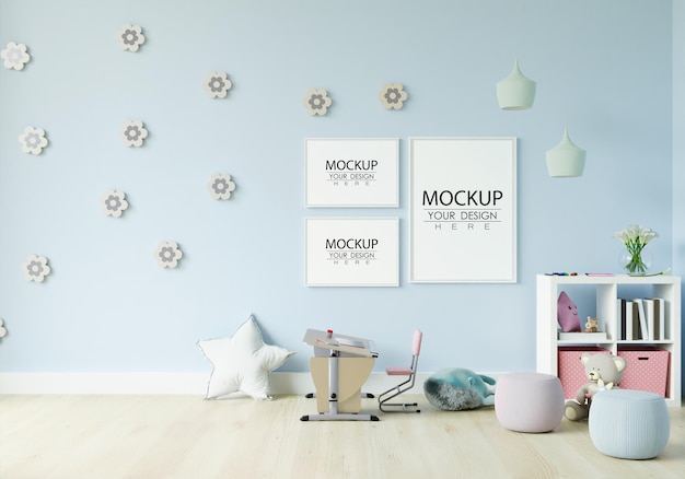 Cornice poster in mockup camera da letto per bambini