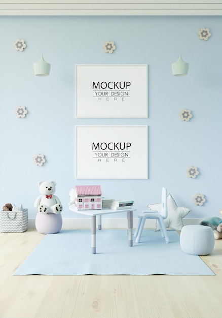 Cornice poster in mockup camera da letto per bambini