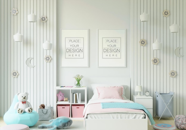 Cornice poster in mockup camera da letto per bambini