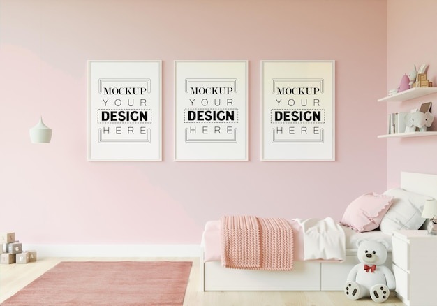 Cornice poster in mockup camera da letto per bambini