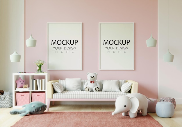 Cornice poster in mockup camera da letto per bambini