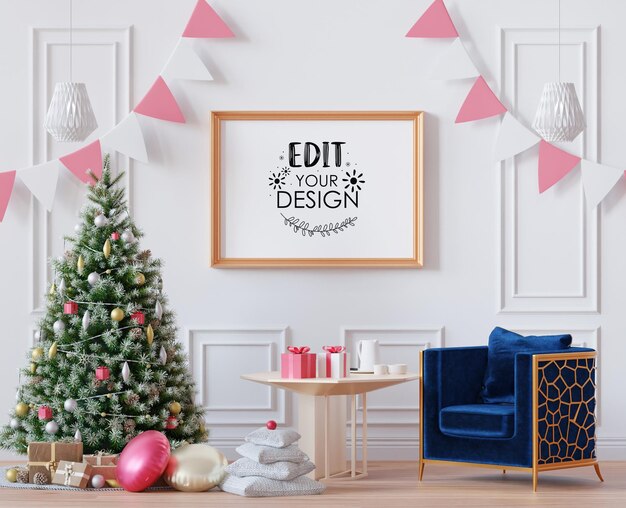 Poster frame in christmas decoration room mockup