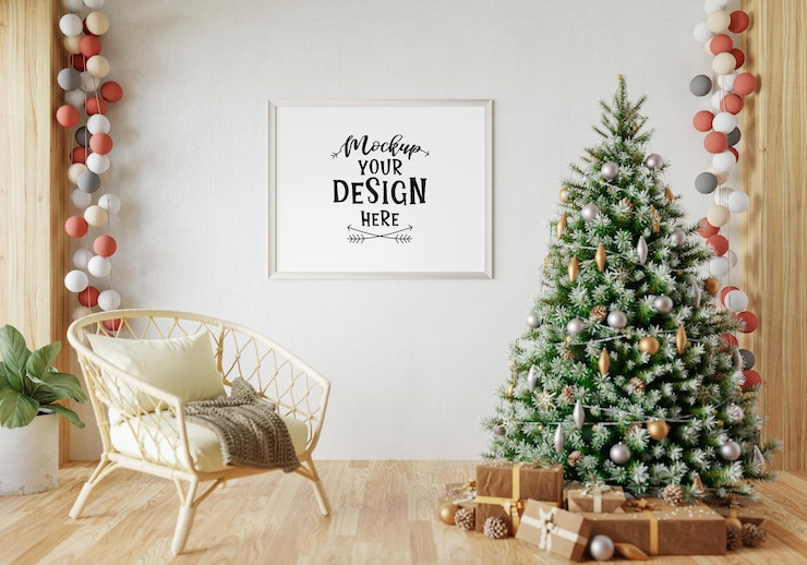 PSD poster frame in christmas decoration room psd mockup