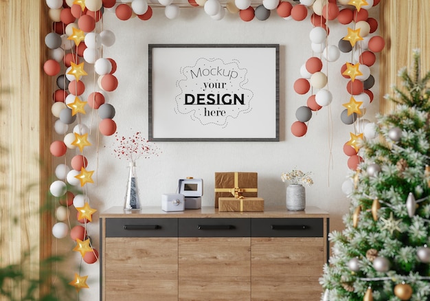 PSD poster frame in christmas decoration room psd mockup