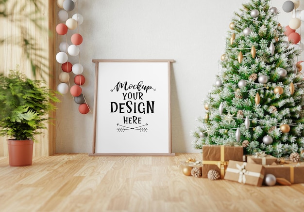 Cornice per poster nella stanza delle decorazioni natalizie psd mockup