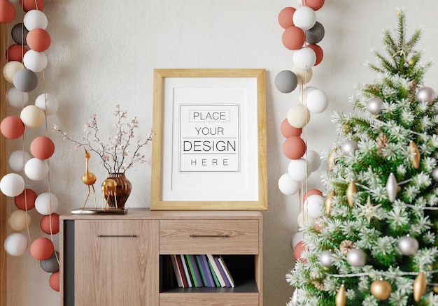 Poster frame in christmas decoration room psd mockup