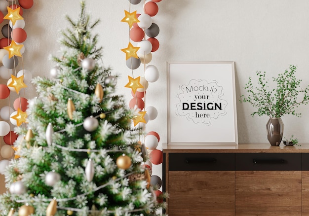 Cornice per poster nella stanza delle decorazioni natalizie psd mockup