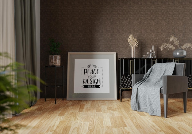 Рамка для плаката в гостиной psd mockup