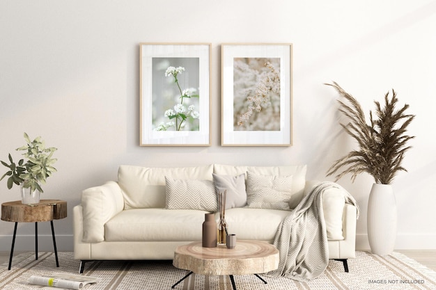 poster frame in living room with sofa mockup