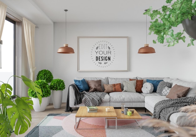 PSD poster frame in living room mockup