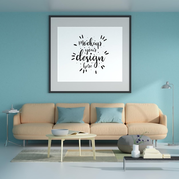 Poster frame in living room psd mockup