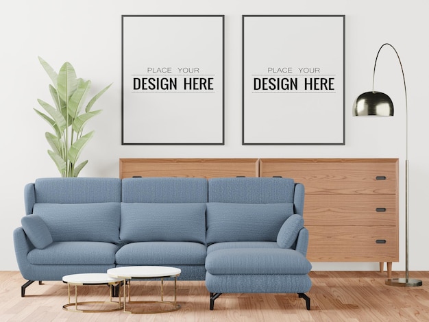 Poster frame in living room psd mockup