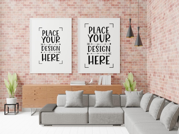 Poster frame in living room psd mockup