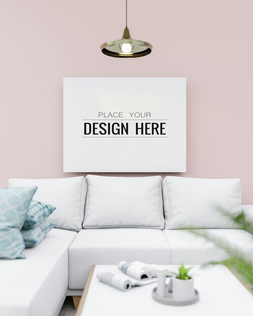 PSD poster frame in living room psd mockup