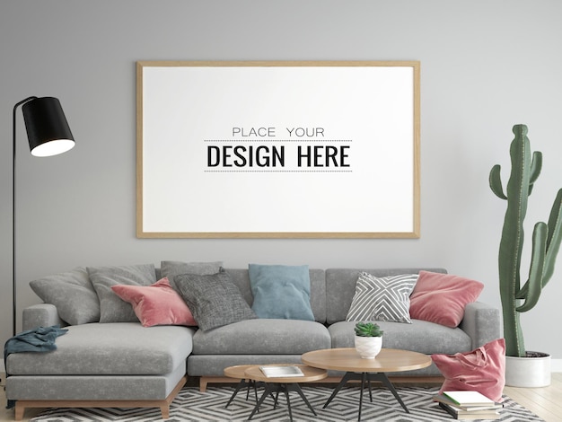 Poster frame in living room psd mockup