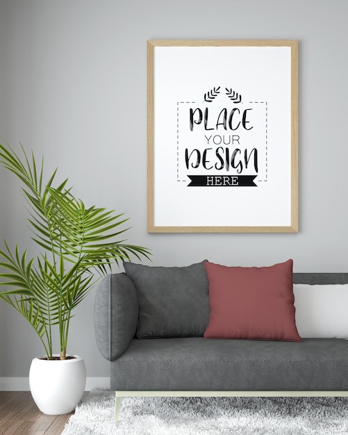 Poster frame in living room psd mockup