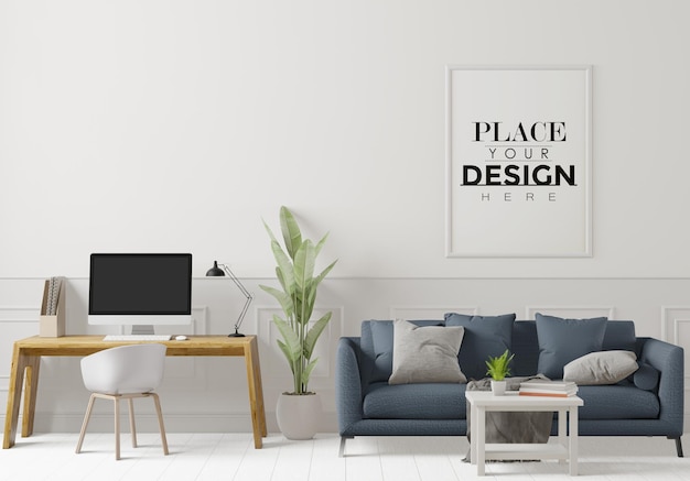 Poster frame in living room psd mockup