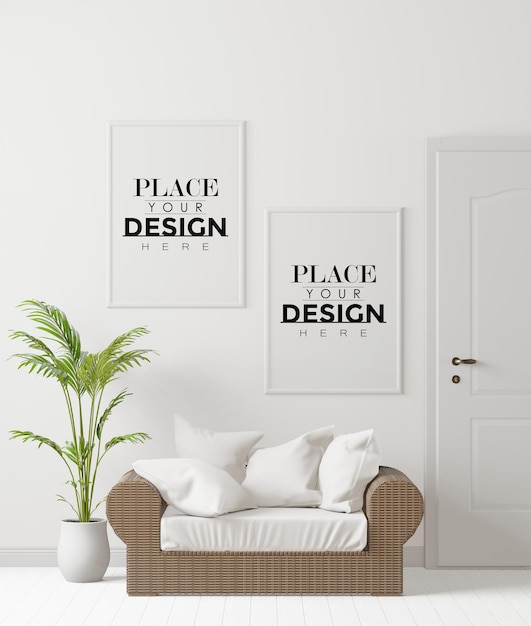 Poster frame in living room psd mockup