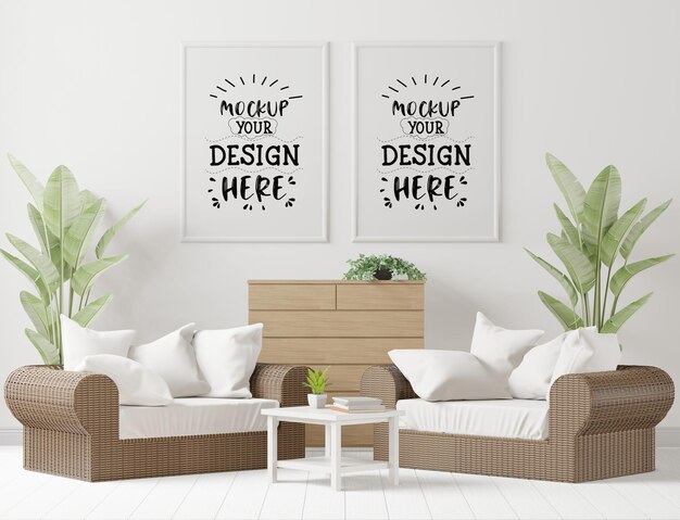 Poster frame in living room psd mockup