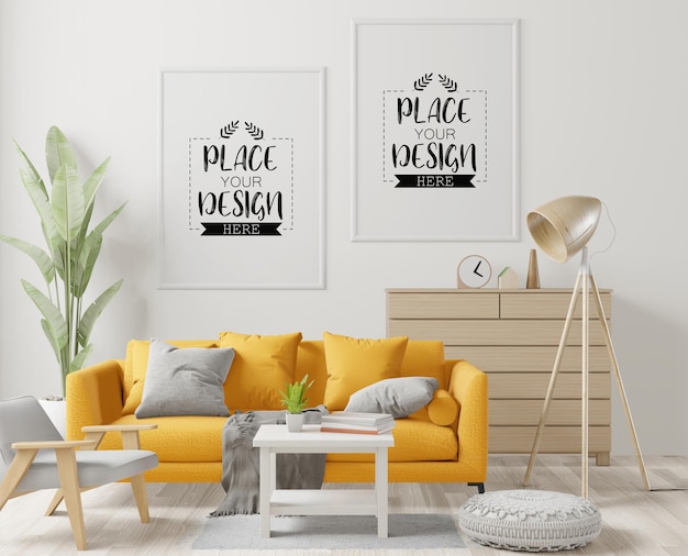 Poster frame in living room psd mockup