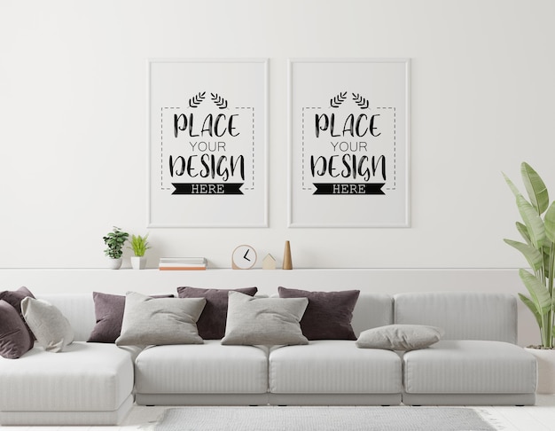 Poster frame in living room psd mockup